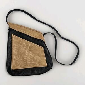 Thomas Leathers Dragonfly 2 Tone Leather Tan Black Crossbody Purse Handbag